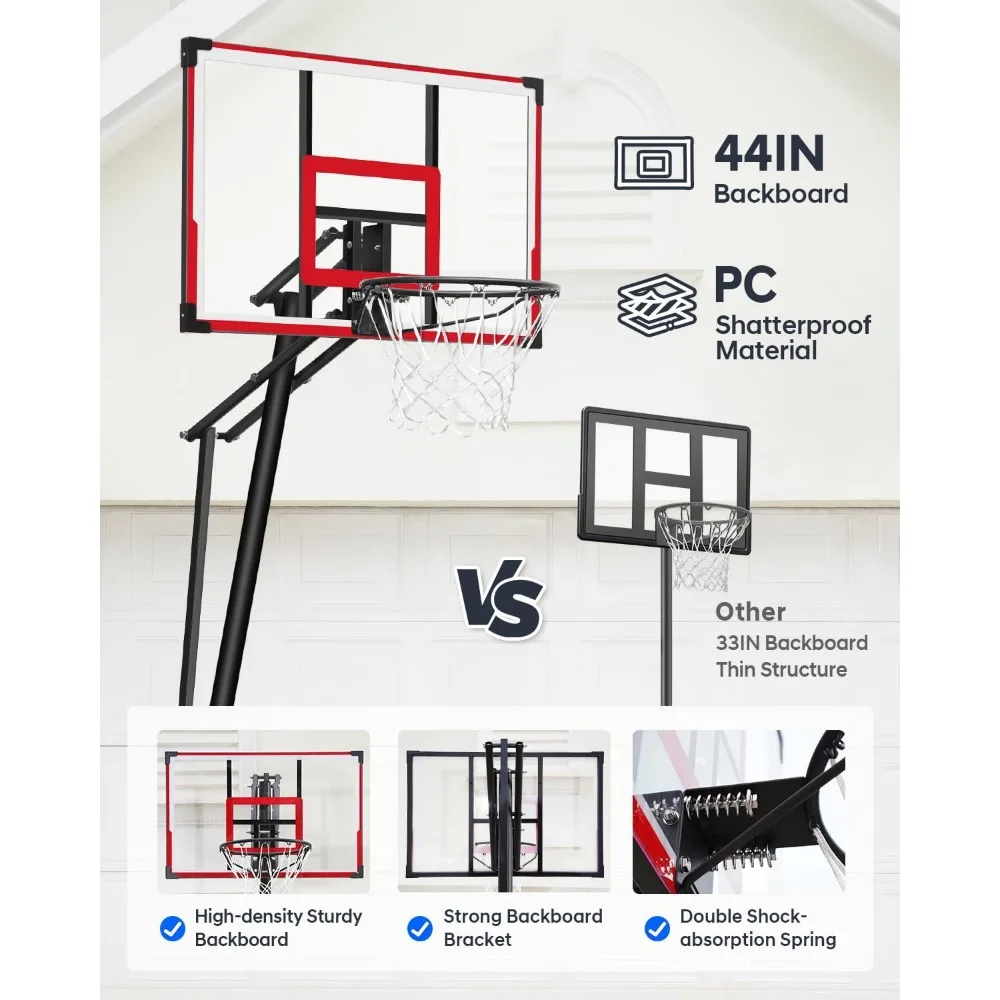 Adjustable Outdoor Basketball Hoop 4.8-10 Feet, 44 Shatterproof Backboard, Portable Basketball System with Rebound Plate