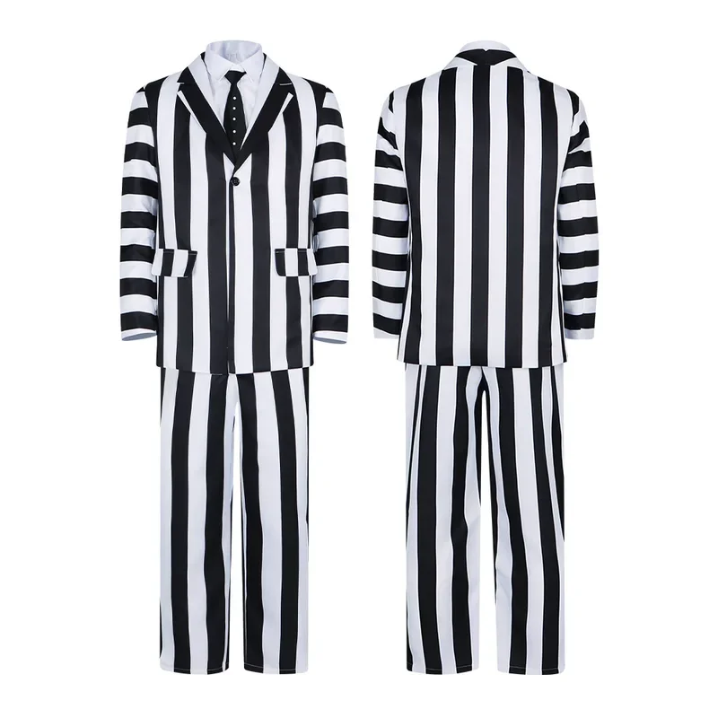 

Anime Adam Cosplay Costume Black and White Striped Suit Jacket Shirt Pants Uniform Halloween Party Outfits for Adult Men Cosplay
