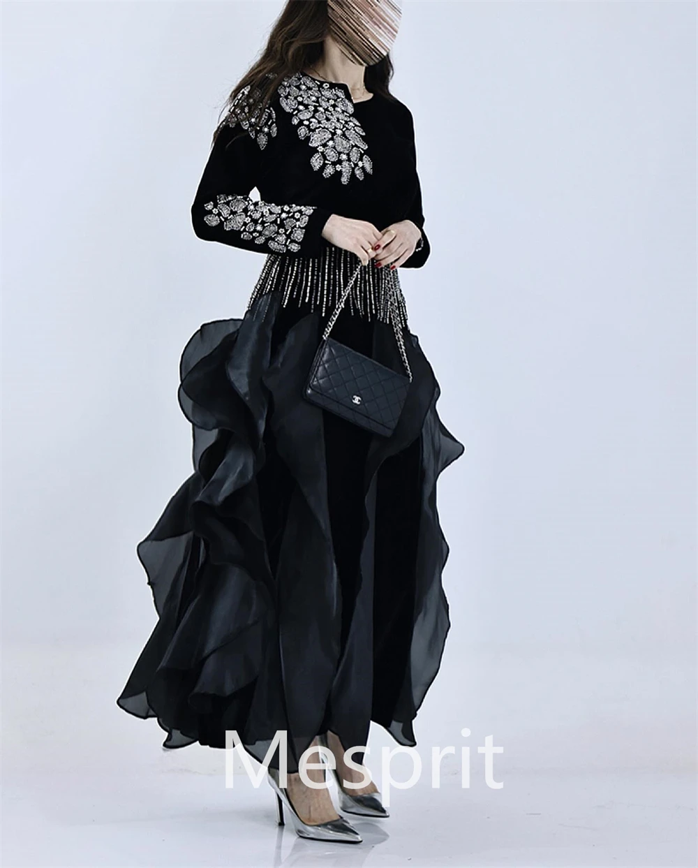 Customized  Mesprit Fashion Retro V-neck A-line  Rhinestone Sequin Layered S Anke Length Custom Dress 