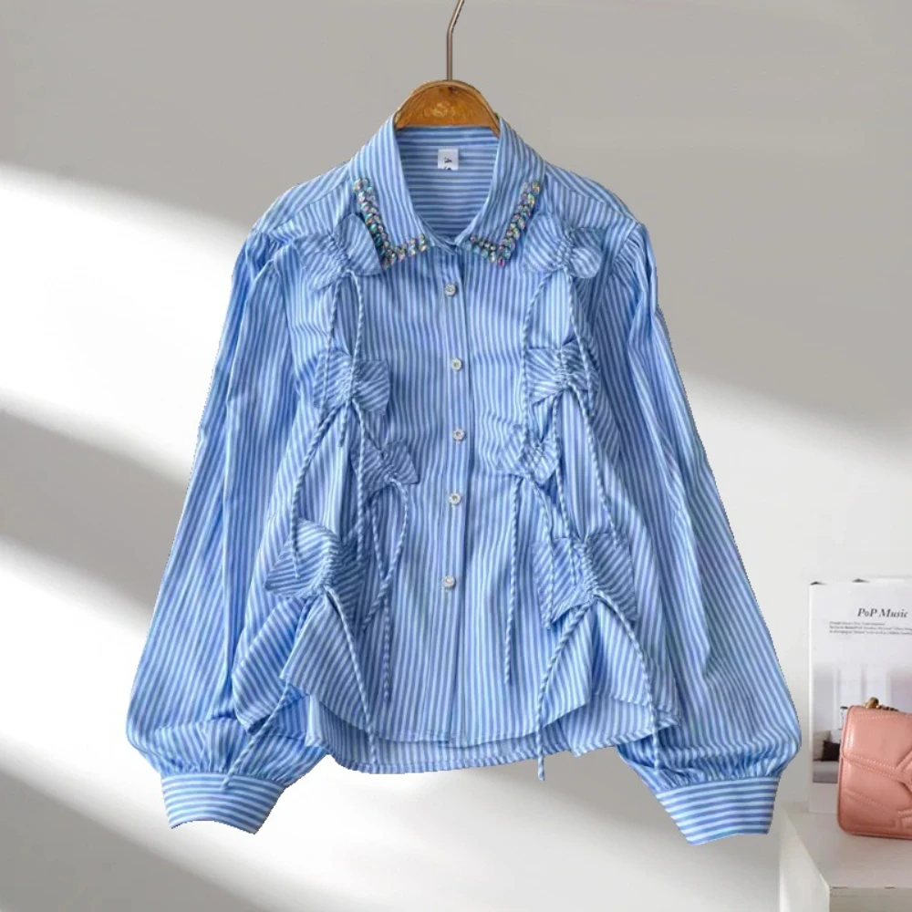 GALCAUR Colorblock Slimming Spliced Stripe Blouse for Women Lapel Long Sleeves Patchwork Diamonds Top Female Clothing New Style