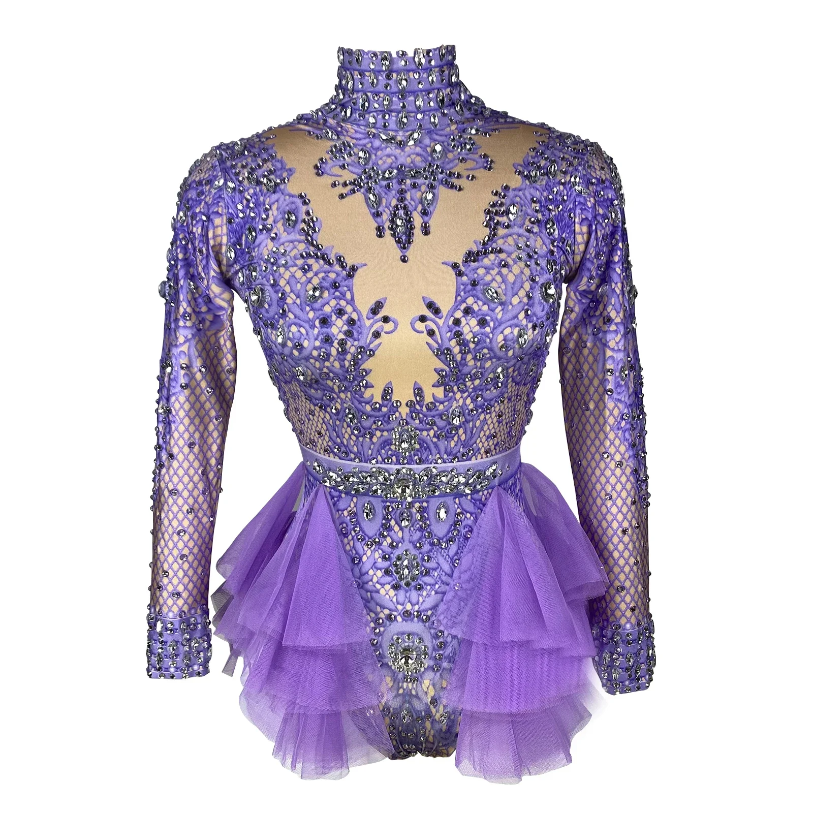 Stage Singer Show dance Leotard glitter Rhinestones pink red Ruffle long sleeve Bodysuit Women nightclub Prom concert costume