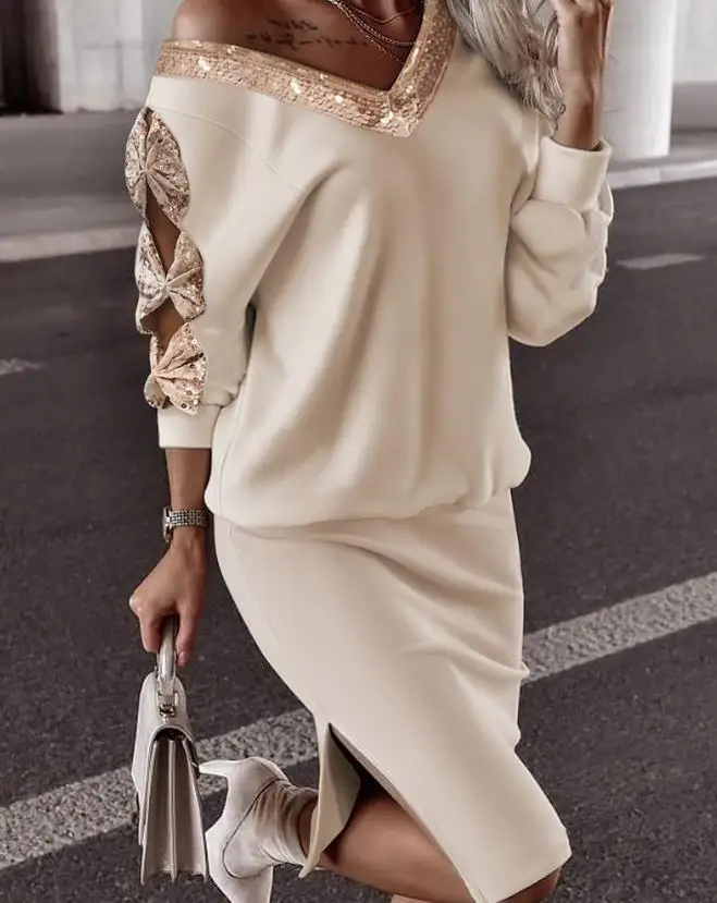 

Women's Commuter Skirt Set 2024 Spring/summer Latest Casual V-Neck Contrast Sequin Bow Decor Long Sleevetop&split Hem Skirt Set