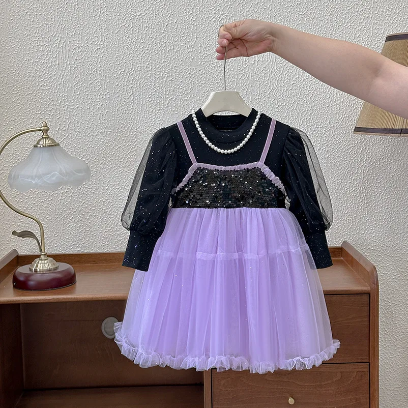 Ins Autumn Winter Kids Girls Birthday Dress Lace Spliced Mesh Sleeve Shinny Sequins Baby Girl Dress Children Girl Princess Dress