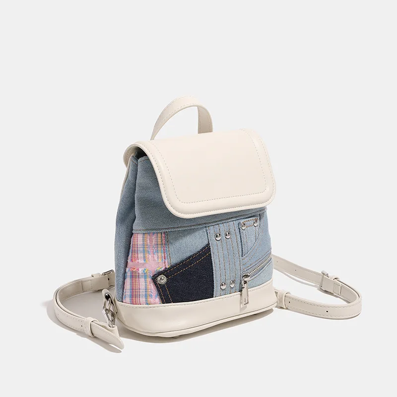 Splicing Design Contrast Color Backpack Handbag Female 2024 New Mini Denim Fashion Portable Women Knapsack High Qualiy Daily Bag