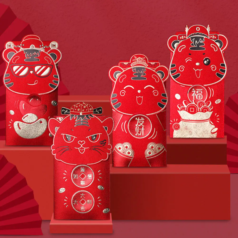 

16Pcs Zodiac Tiger Red Envelopes Elegant Luck Money Storage Bags for Chinese New Year Festival Gift Decoration