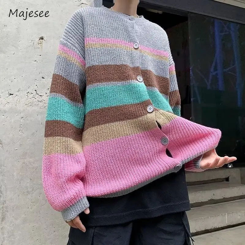 

Striped Cardigan Men Loose Contrast Color Slouchy Handsome High Street American Style Retro Hipster Spring Autumn Minimalist