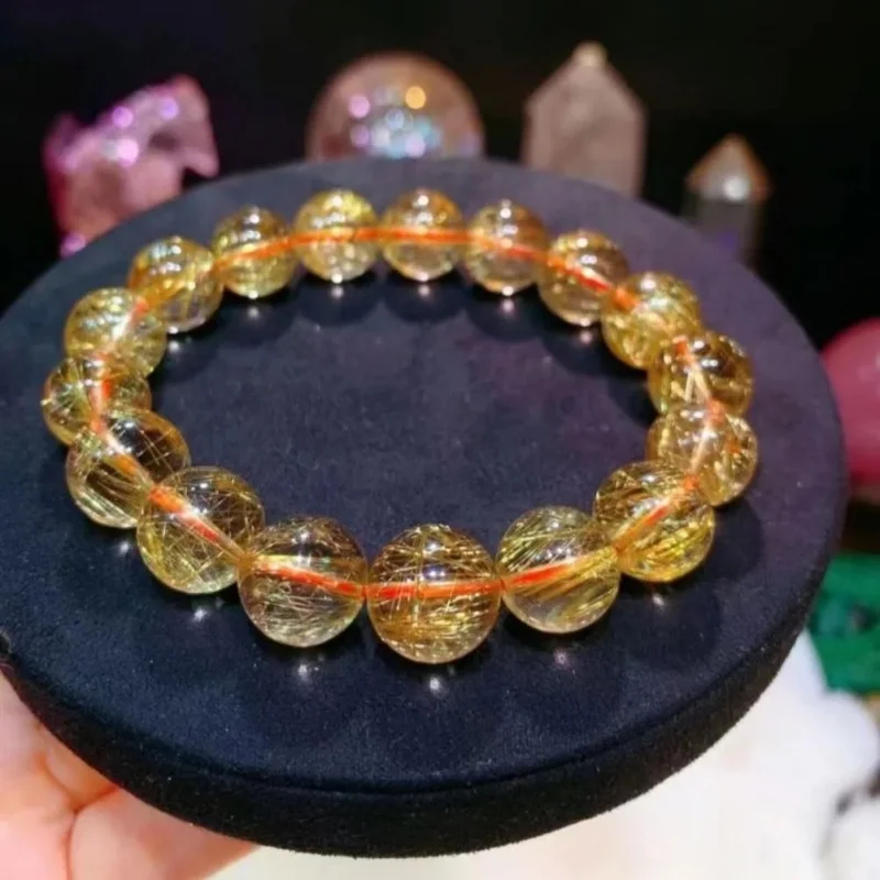 Brazilian natural rutilated quartz single or multi-strand men women couples golden citrine bracelet