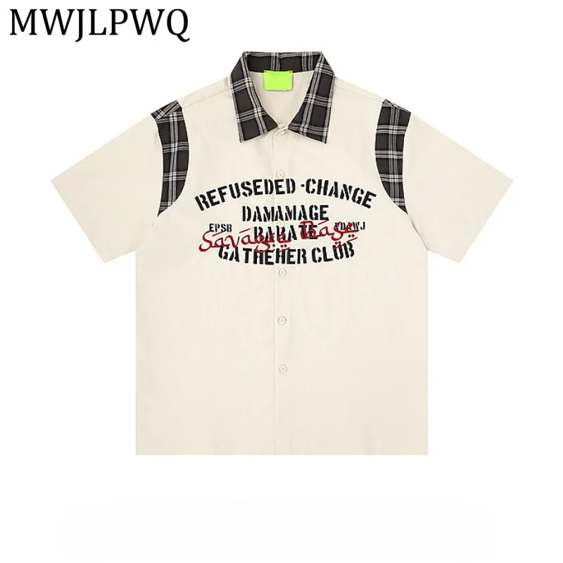 

MWJLPWQ Beige Plaid Patchwork Letter Printed Short Sleeve Shirt Men Oversized Loose Casual Streetwear Button Down Blouse 15913