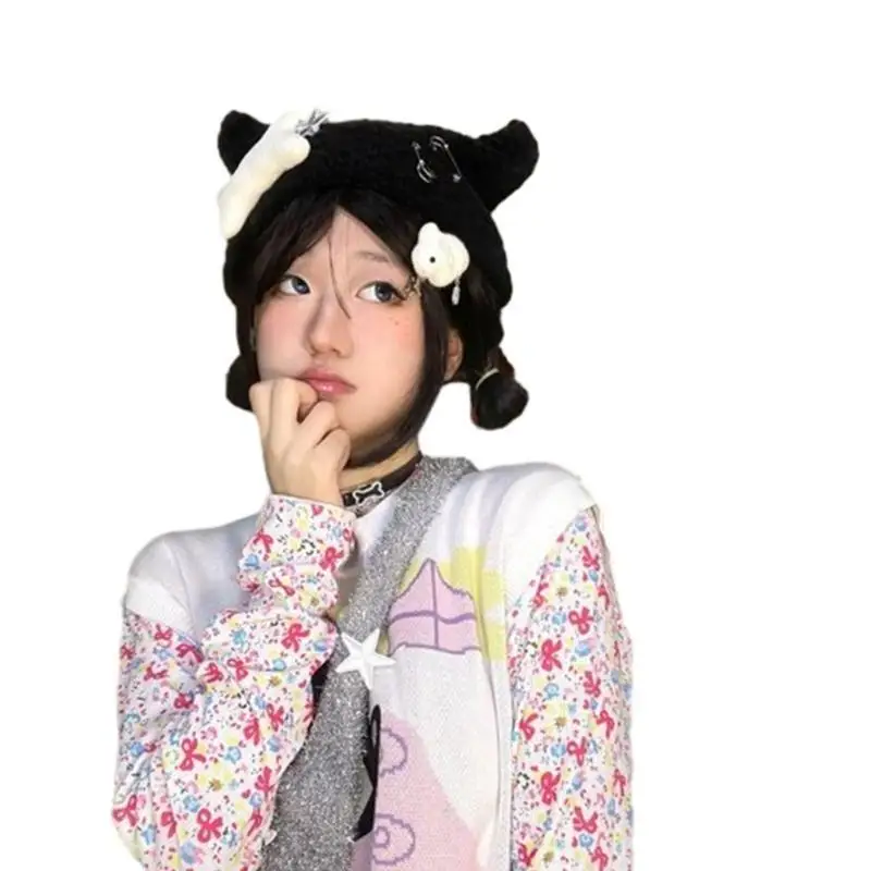 

39BB Striped Beanie Girl Y2K Punk Bone Party Hat Knitted Hat Streetwear Thicken Striped Hat Ear Hat Harajuku Photo Props