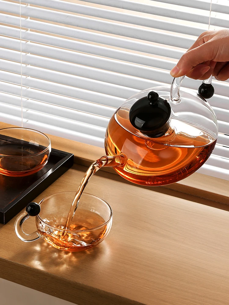 

Nordic Heat Resistant Transparent Glass Flower Teapot Tea Set Black Teacup Home Boiling Tea Teapot Filter Tea Infusion