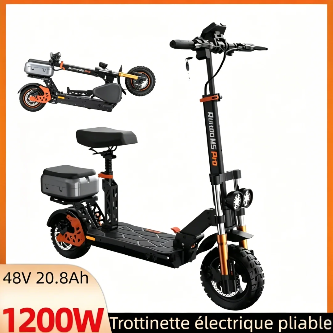Trottinette Électrique 1200W, 80km Autonomie, Batterie 48V 20.8Ah, Frein Hydraulique, Pliable, Siège & Coffre, Pneus 11"/10"