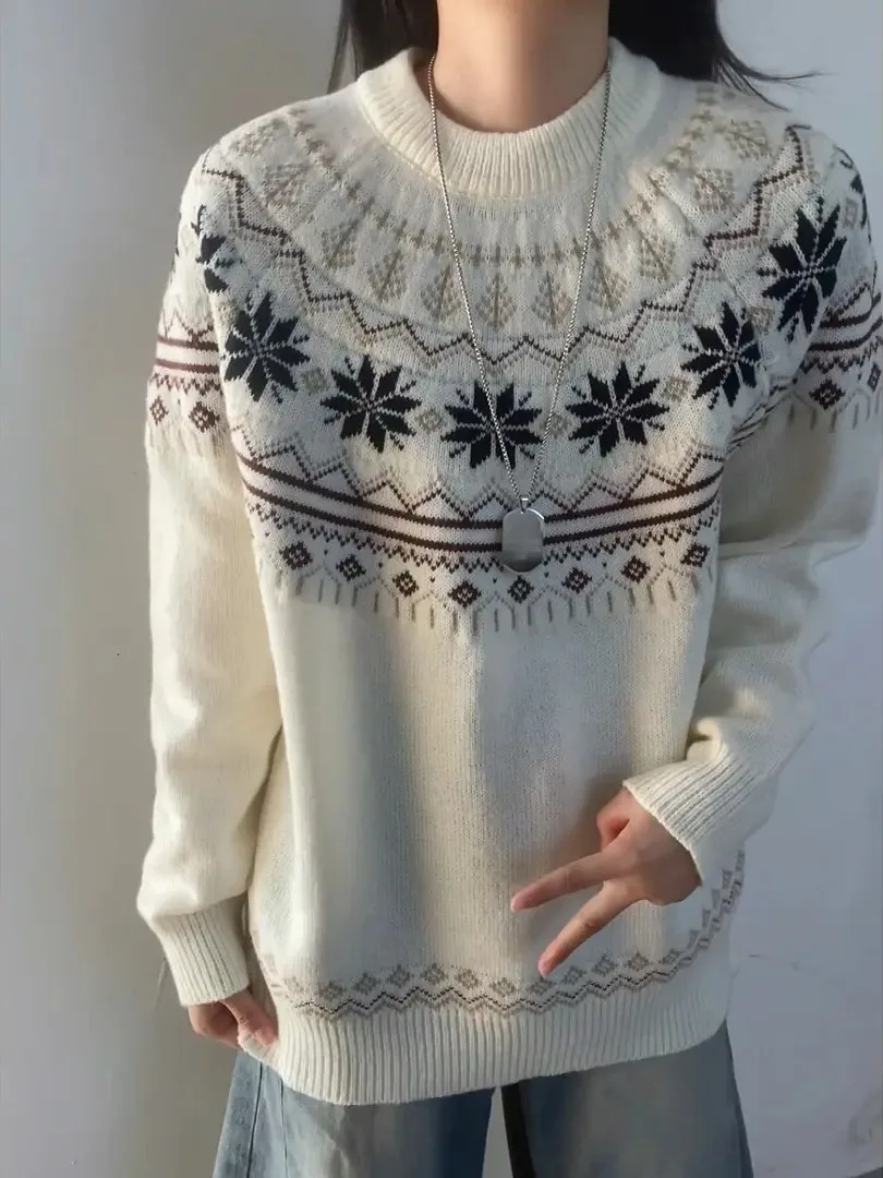 

American Retro Fair Isle Knitted Sweater Men's Thiened Warm Lazy Sle High-End round Ne Embroidery Winter Long Sve Top