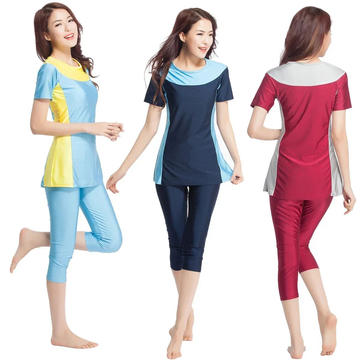 2pcs Swimwears Women Modest Swimsuit Short Sleeve Anti-UV Rash Guards+Leggings Arabic Islamic Muslimah Dubai Girls Tankinis