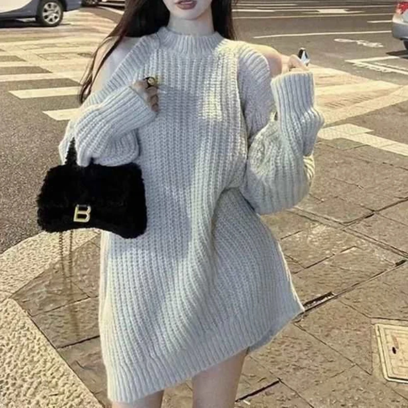 

Шерстяной длинный свободный свитер с открытыми плечами для женщин | Ленивый стиль, непринужденное ощущение, свободное и удобное, модное и модное.