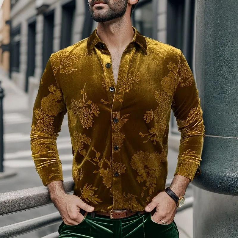 Luxury Gold Velour Shirts Mens Flowers Velvet Social Club Prom Party Wear Slim Fit Yellow Winter Stylish Clothes For Man Fashion