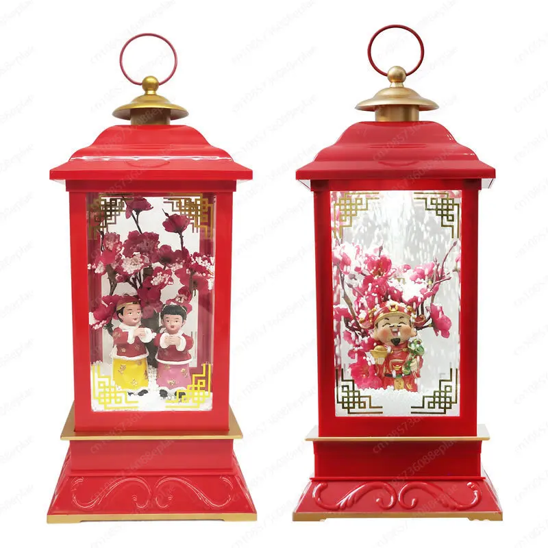 Chinese New Year Decorations, Electric Music Snow Globe with Dancing God of Wealth & Falling Snow for Tabletop