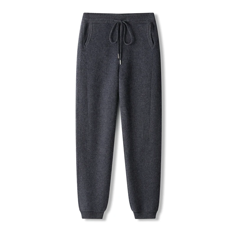 Outono inverno masculino 100% lã merino cintura elástica grosso algemado tornozelo calças compridas com bolsos esportes elegantes calças de malha quente