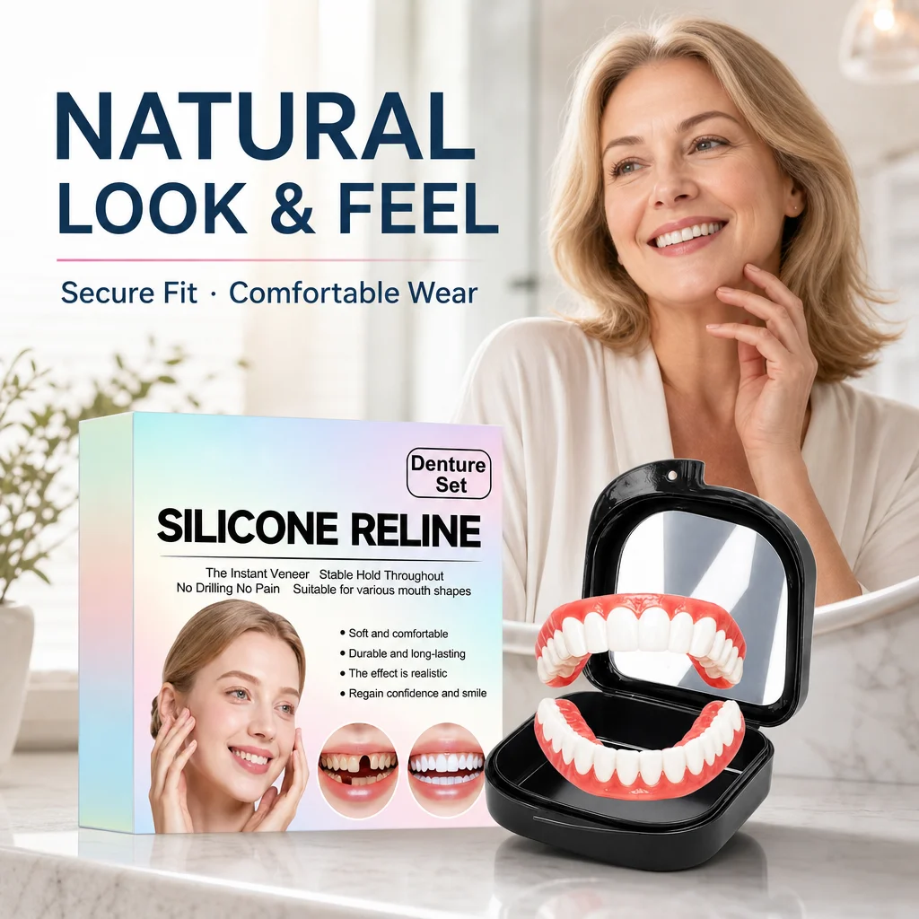 Silicone Denture Veneers Set Temporary Cosmetic Teeth Cover Upper Lower Denture Kit Natural Look False Teeth Mirror Box 1Set