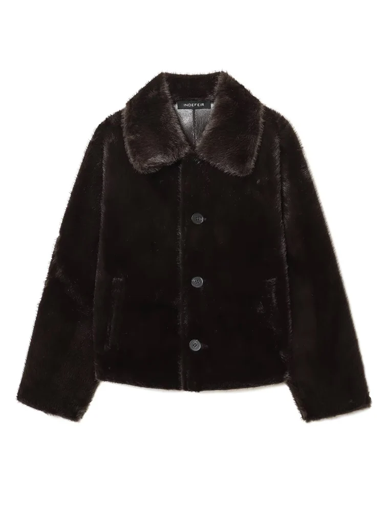 Feminino solto reversível jaqueta lapela único breasted pele do falso couro casaco de inverno moda feminina bolso chique quente outerwear