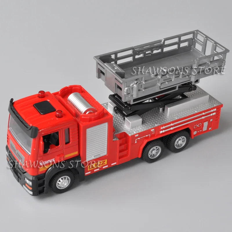 1:50 réplica miniatura do elevador do caminhão do motor de bombeiros do brinquedo modelo fundido da plataforma do salvamento puxar para trás com luz sadia