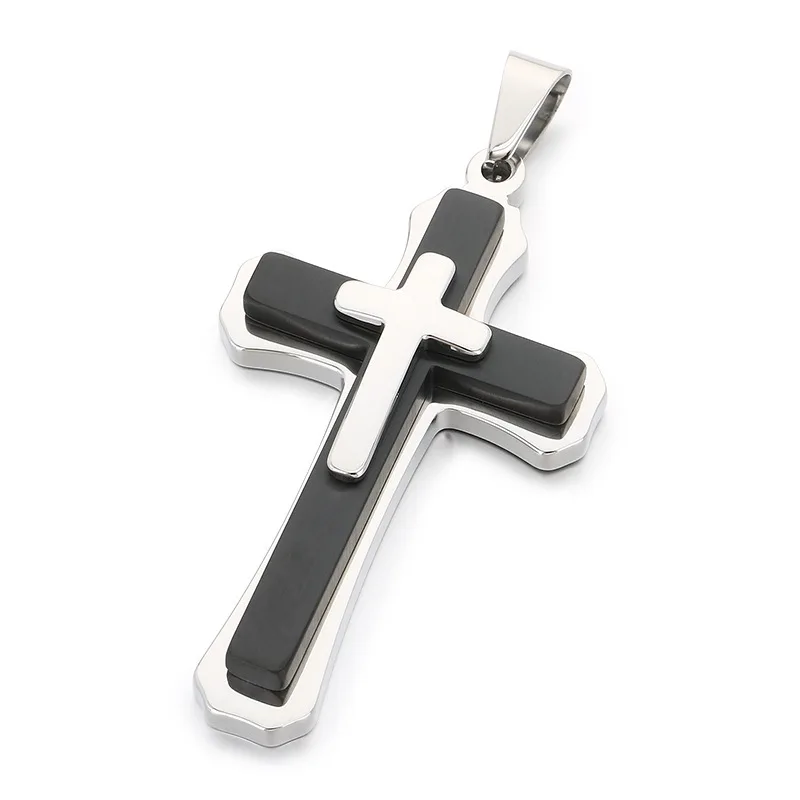 Stainless Steel 3-Layer Cross Pendant Necklace with Rope Chain - Trendy Men's Accessory (22 Inches)