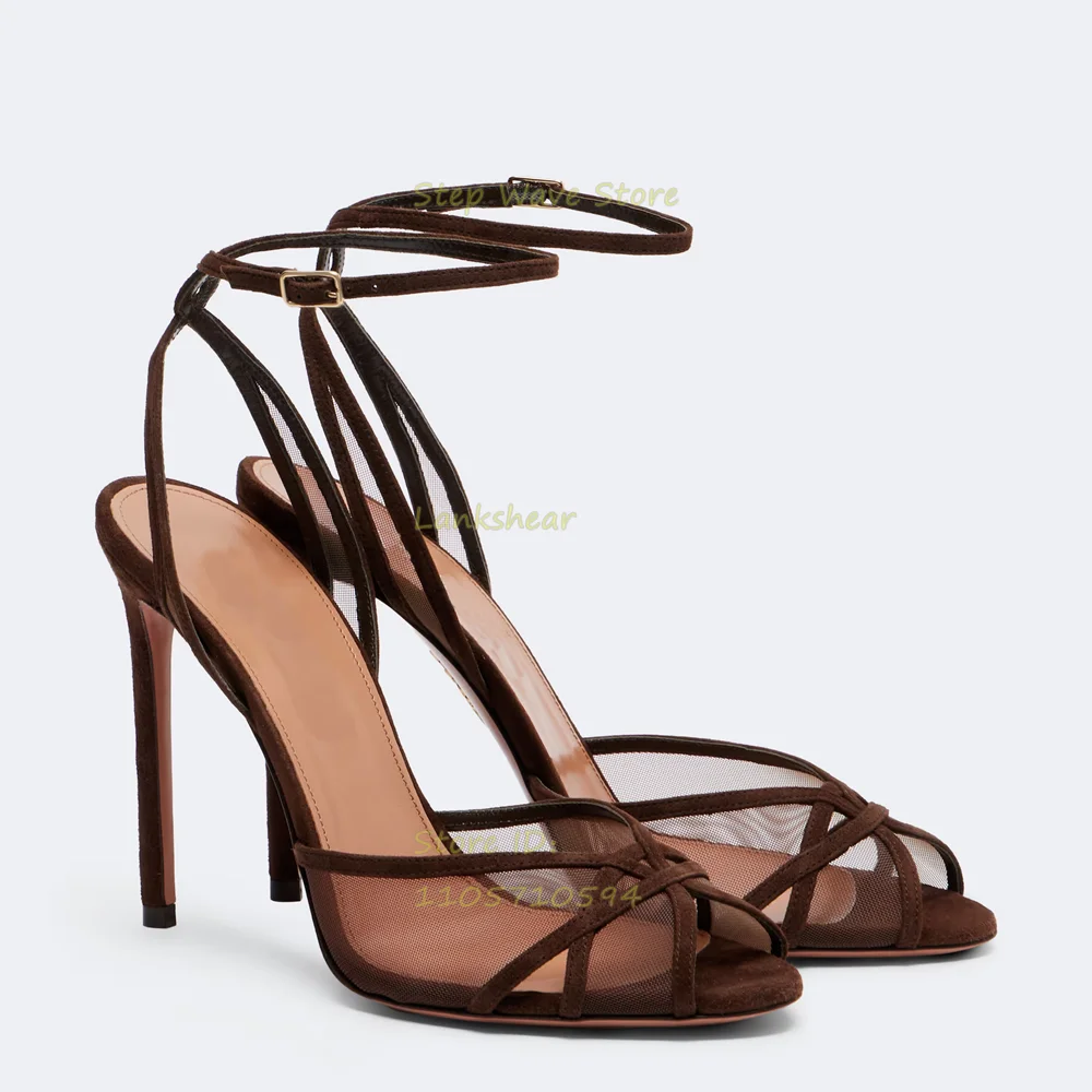 Air Mesh Braune Wildleder-Sandalen Dünne Hohe Absätze Peeptoe Knöchelriemen mit Schnalle Runway 2026 Sommer Damen Kleiderschuhe Handgefertigt