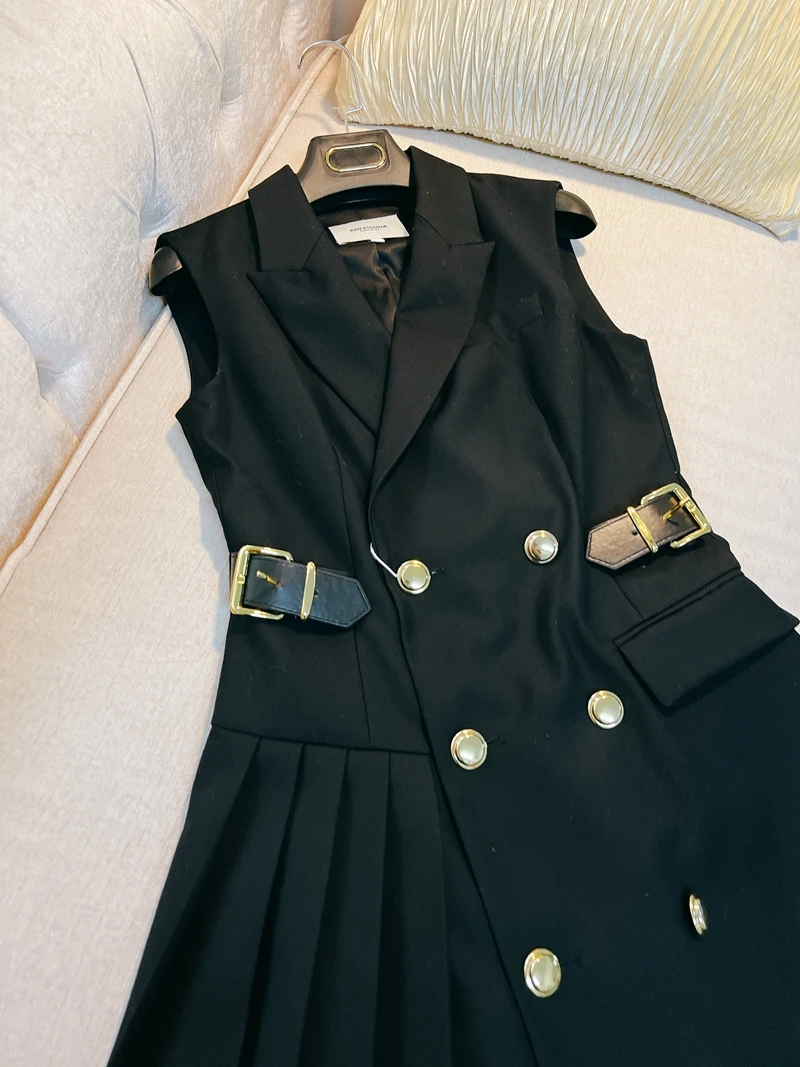 레트로 홍콩 스타일 슬림 베스트 여성용 고급스러운 블랙 슈트 출퇴근용 A라인 스커트 봄 여름...