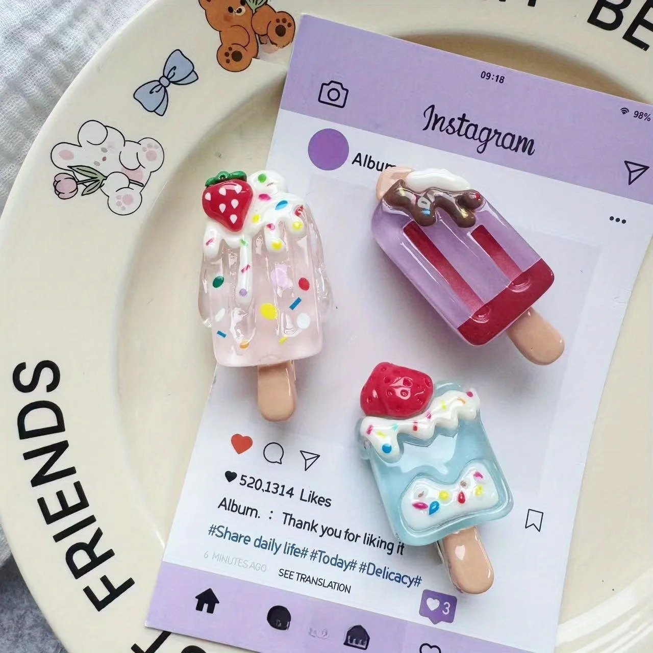 กิ๊บติดผมลายการ์ตูนธีมอาหารเรืองแสงในที่มืด 6 ชิ้น รูปไอศกรีมและเป็ด  กิ๊บหนีบผมแปลกตาสำหรับถ่ายรูป  อุปกรณ์เสริมผมสำหรับผู้หญิง