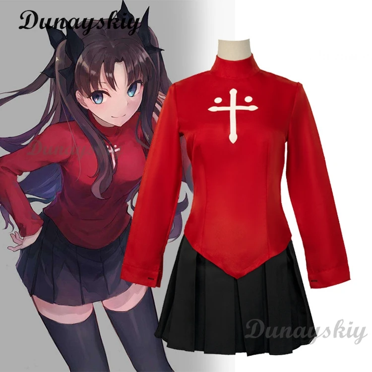 Anime Fate Stay Night Tohsaka Rin Cosplay Costumes Girl Red Shirt Skirt Women Halloween Costumes Dress Headwear Role Play