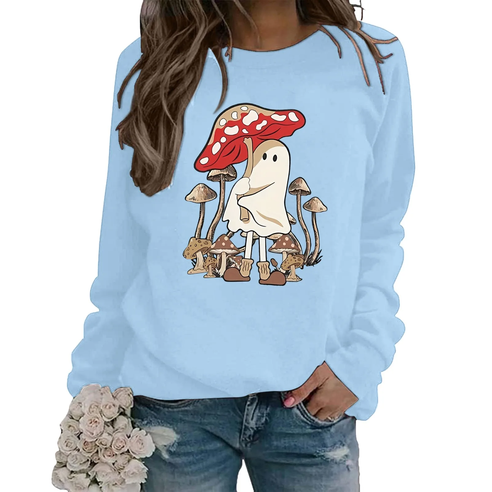 

Halloween Ghost Mushroom Printed Sweatshirts Autumn Winter Long Sleeve Round Neck Casual Sweater Women Hoodless Sweatshirt