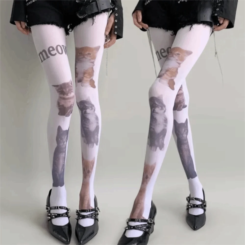 

Милые дышащие колготки с принтом кота, уличная одежда в стиле Харадзюку, регулируемые длинные носки, женские колготки Y2K, косплей