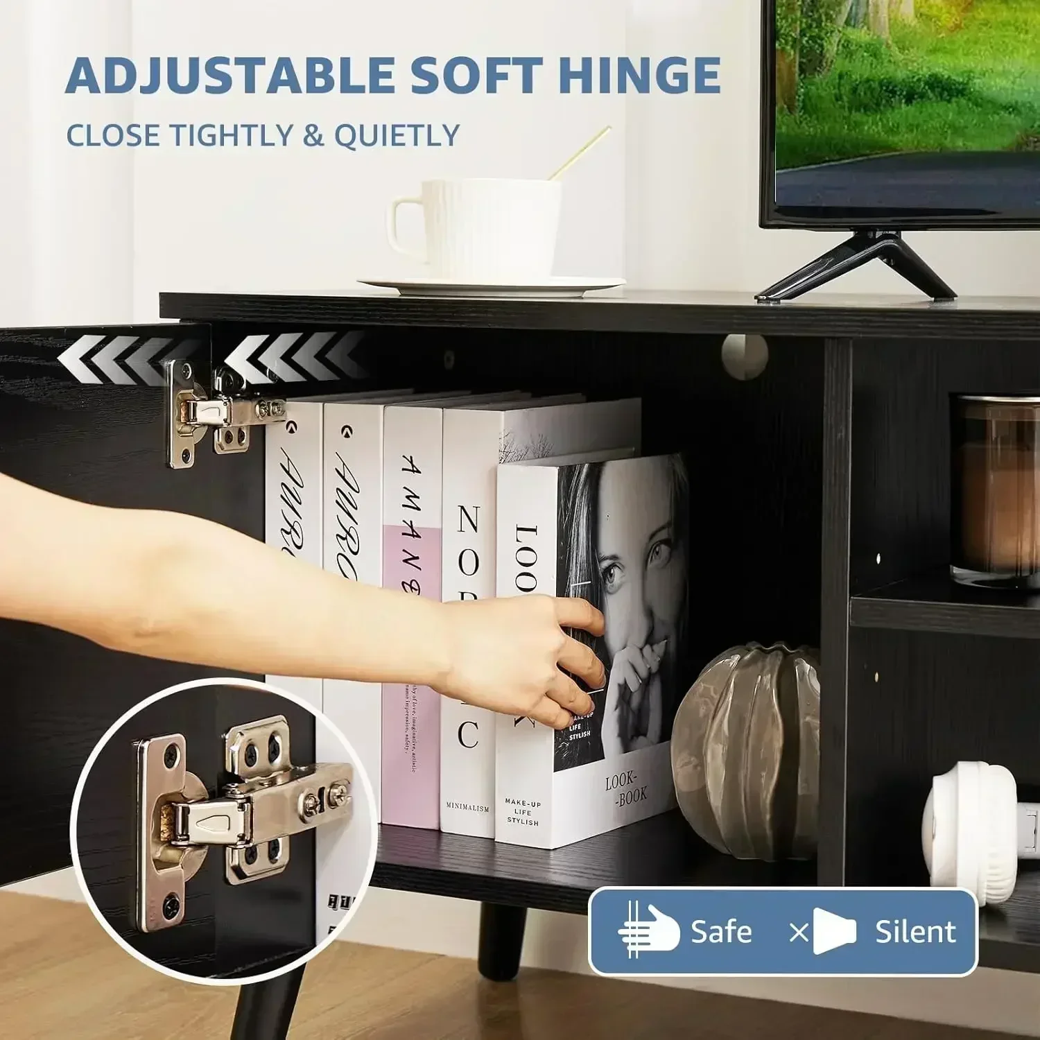 

Подставка под телевизор для 55 60-дюймового телевизора, развлекательный центр со шкафом для хранения, современный медиаконсольный столик середины века, регулируемая петля,