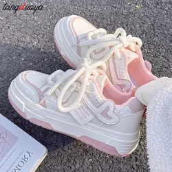 Zapatillas de plataforma para mujer, zapatos de suela gruesa para la escuela, estilo Popular, a la moda, color blanco y rosa, lolita, Otoño, 2024