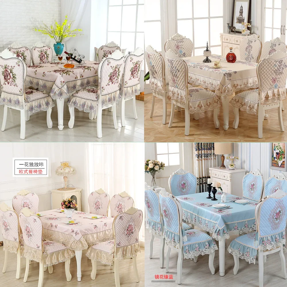 European Linen Dining Tablecloth Chair Cover Cushion Set Classical Jacquard Lace Table Cover Round\Rectangle Furniture Cover G2