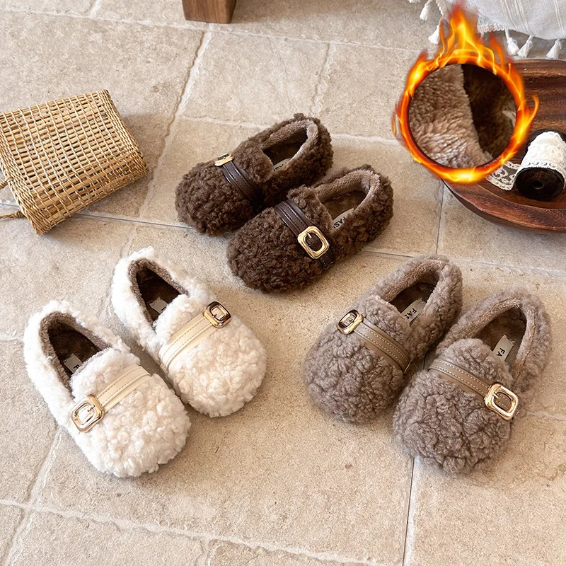 Super Cozy Furry mary jane shoes for Kids Girls New Brand Designer Metal Buckle Children Cotton-Padded Winter Shoes Kids