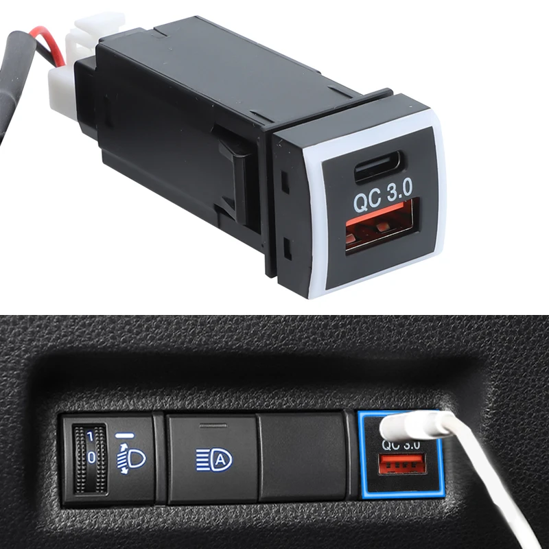 48W Fast Charger Voltmeter PD+QC3.0 USB Type-C Dual Port Car Adapter with Blue Light Circle Car Phone Accessories For Toyota