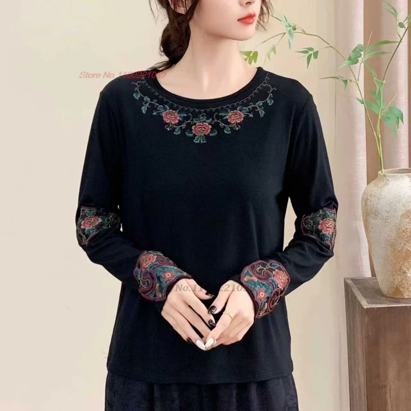 

2025 chinese traditional o-neck shirt hanfu tops oriental elegant flower embroidery vintage shirt retro streetwear base shirt