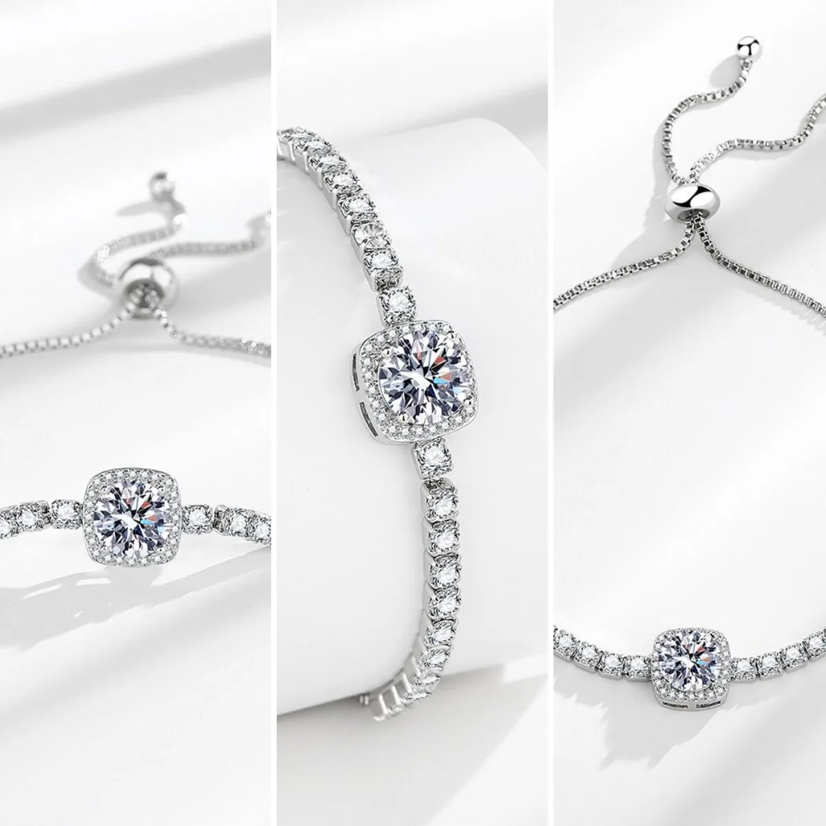 Live-streamed geometric princess-cut moissanite bracelet for women—featuring diamond-encrusted copper construction, versatile fa