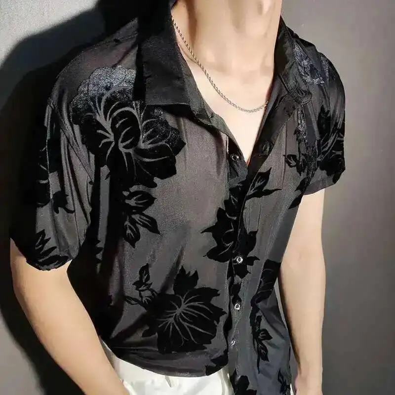 2023 Top Blouse Social Club Outfits Party Designer Shirt Fashion Velvet Flower Shirt Men Transparent Short Sleeve Sexy Shirt Red