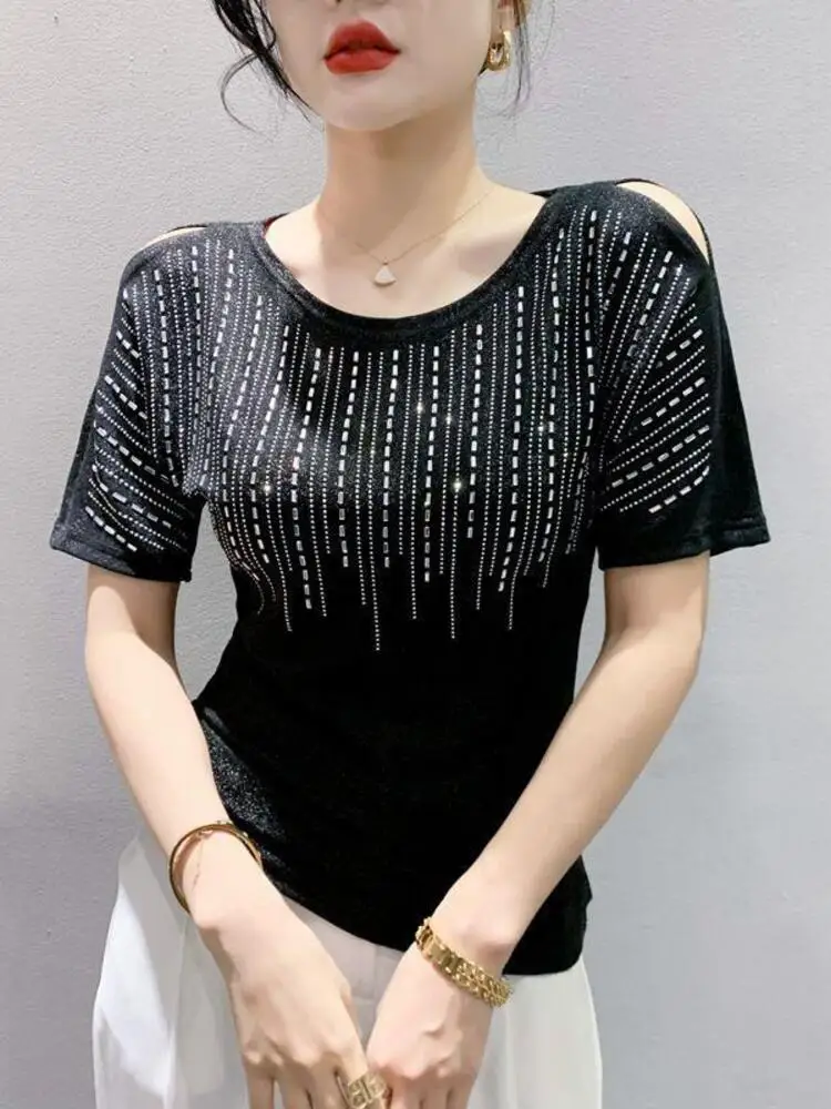 2023 Summer New Heavy Industry Hot Rolled Diamond Half Sleeve T-shirt Slim Fit Versatile Western style Off Shoulder Top European