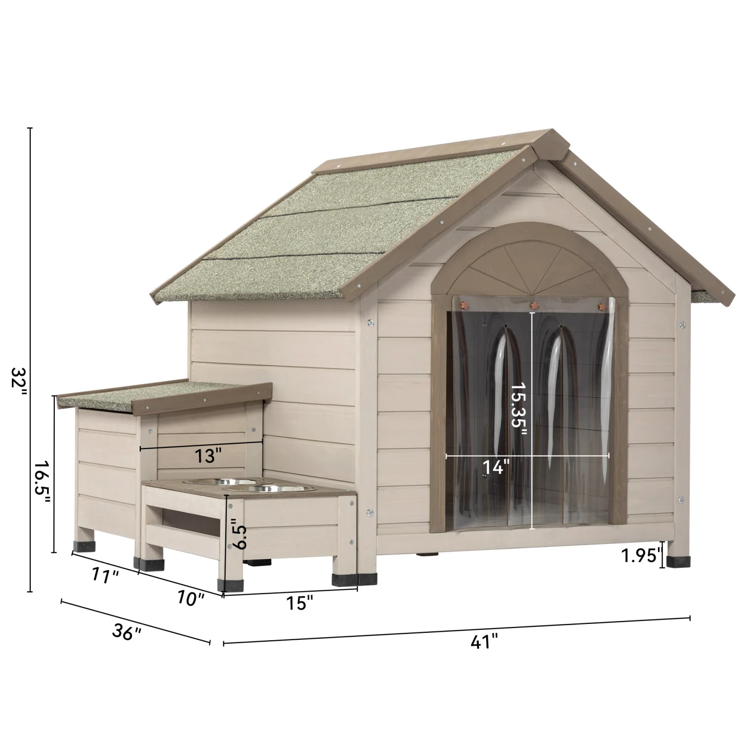 Outdoor fir wood dog house with an open roof ideal for small to medium dogs. With storage box, elevated feeding station with 2 b