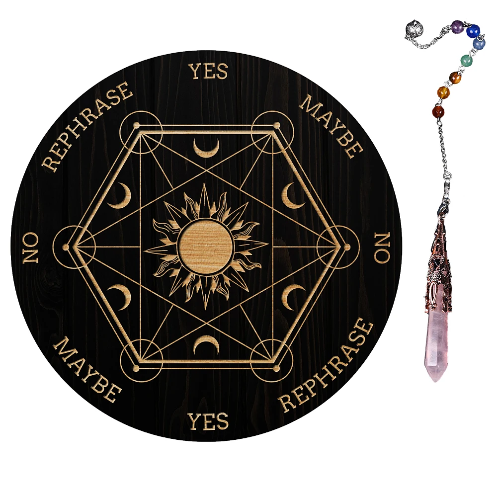 

Hexagram Sun Moon Pendulum Board 7.8'' Dowsing Divination Metaphysical Message Board Wooden Carven Board with Crystal Pendulum