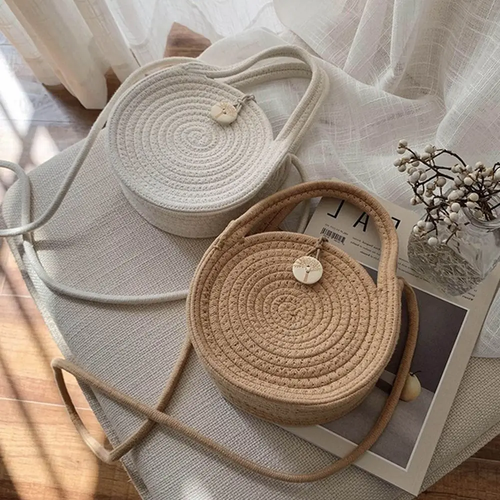 

Sweet Weave Straw Crossbody Bag French Style Casual Woven Bucket Bag With Button Portable Hand-woven Shoulder Bags Students