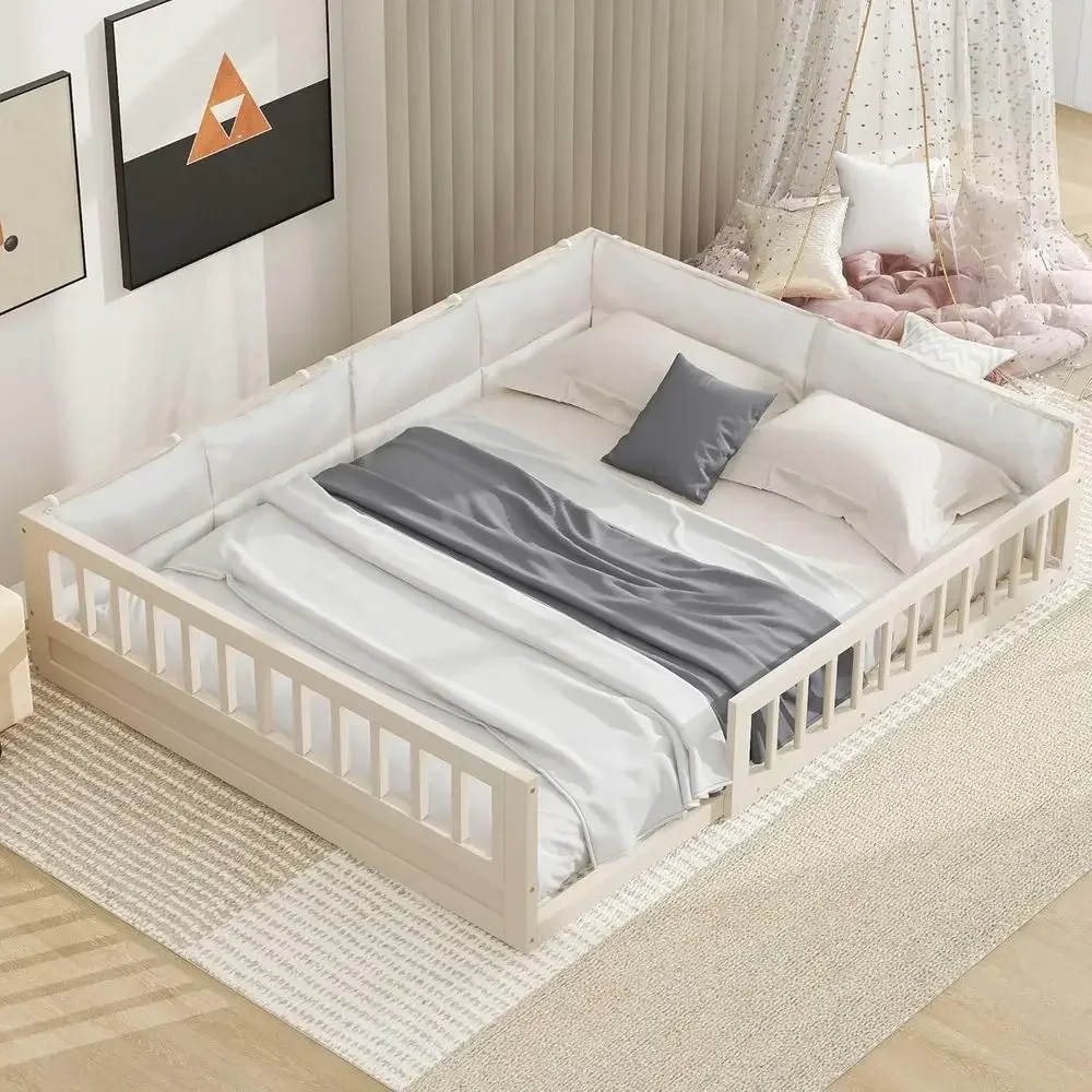 Full Size Platform Bed with Guardrail, Suitable for Kids, Beige Upholstered, Slats Included, No Box Spring Needed