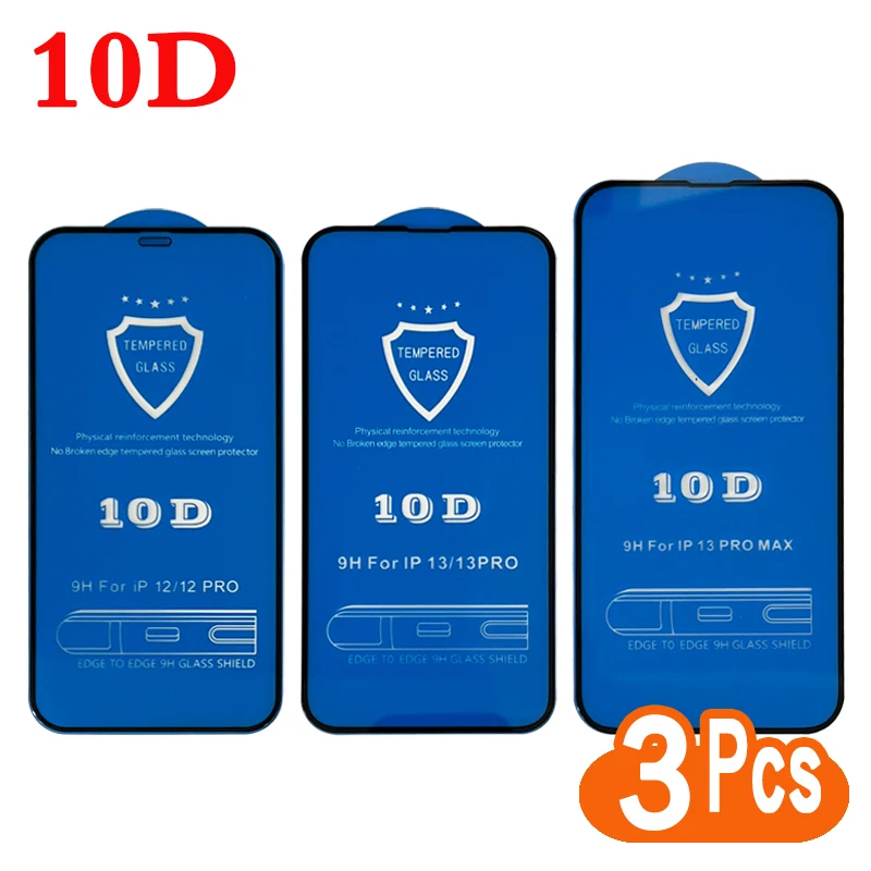 3Pcs 10D Tempered Glass For iPhone 11 13 14 15 12 Pro Max Mini XR X XS 7 8 Plus Screen Protector Protective Film 12Mini  SE 2020