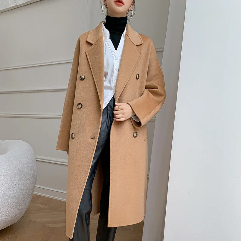 Women's High Quality Double Sided 100% Wool Long Double Breasted Elegant Loose Cashmere Winter Jacket