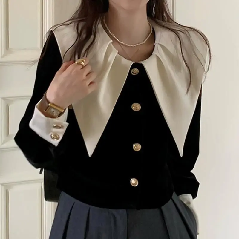 

French Style Vintage Lapel Blouse Autumn Winter Aura Chic Patchwork Women's Clothing Solid Color Commute Single-breasted Shirt