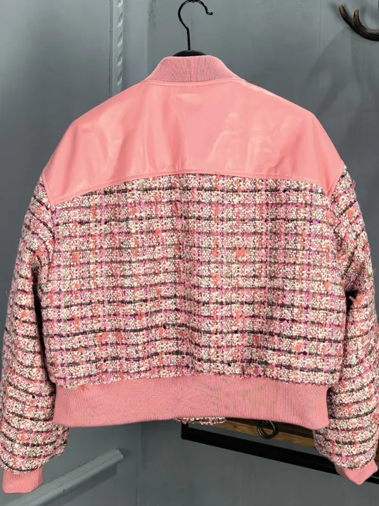 Lente Herfst Dames Nieuwe Stijl Echte Schapenvacht Splicing Jas Bovenkleding Stand Kraag Rits Lange Mouw Loose Fit Korte Jassen