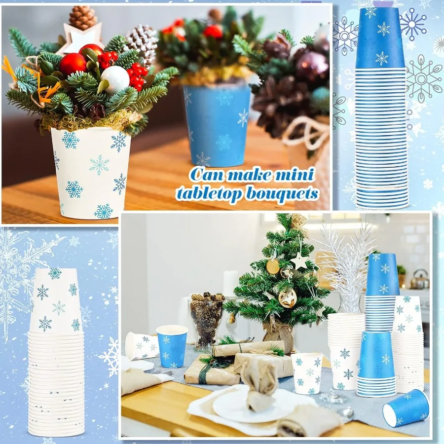 100 Pieces Christmas Paper Cups Xmas Disposable Coffee Snowflake Santa Snowman Elk Lights Cups 9 Ounce Drinking Tea Paper for D