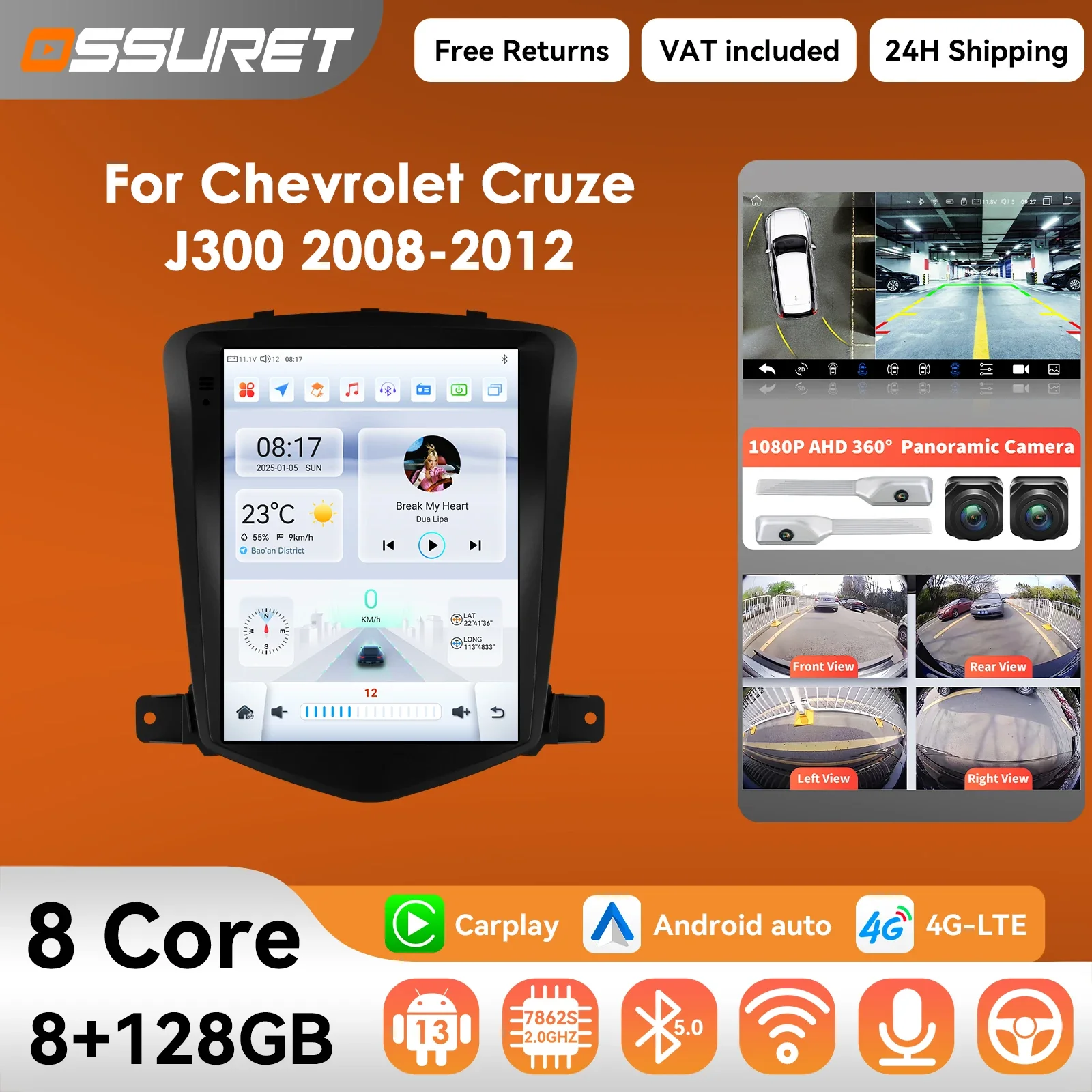 Autoradio sans fil Carplay Android Auto, 9.7 pouces, pour Chevrolet Cruze J300 2008 – 2012, lecteur multimédia, GPS stéréo, écran de caméra 2din 360